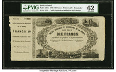 Switzerland Credit Agricole et Industriel de la Broye Estavayer 10 Francs 1.12.1866 Pick S261r Remainder PMG Uncirculated 62. Edge damage.

HID0980124...