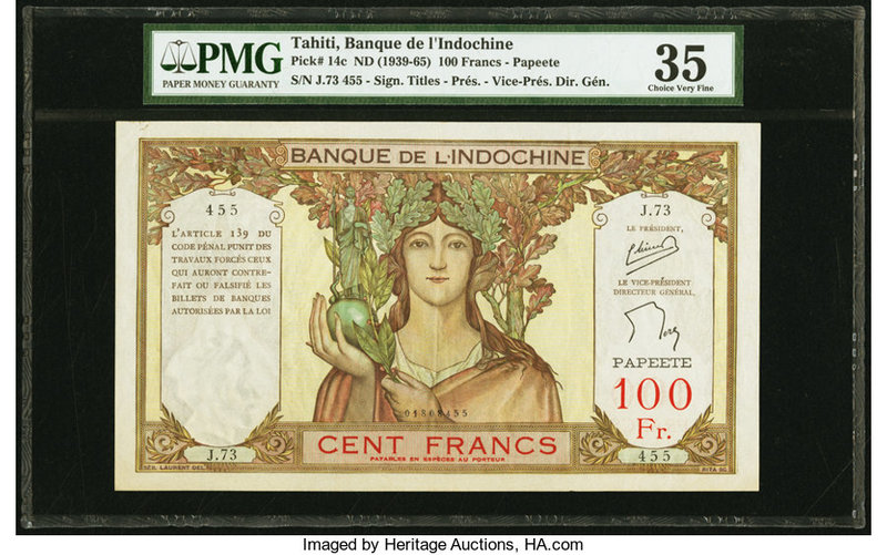 Tahiti Banque de l'Indochine 100 Francs ND (1939-65) Pick 14c PMG Choice Very Fi...