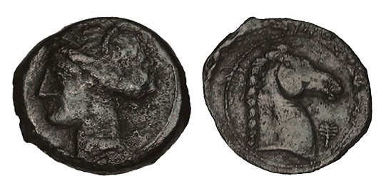 CARTAGO. Calco. A/ Cabeza de Ceres a izq; detrás letra fenicia ¿"Mem"?. R/ Cabez...