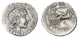 ANNIA. Denario. Annius Luscus y C.Tarquitius Q.f. Hispania. Numeral XXI en rev. CD-114, SI-1. 3,70 g. MBC+