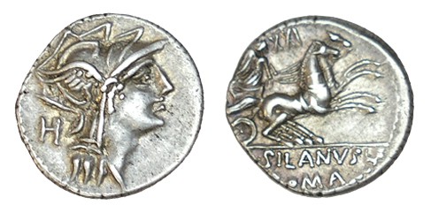 JUNIA. Denario. D.Junius Silanus L.f. Roma. Letra H detrás de la cabeza de Roma ...