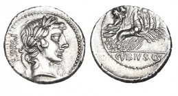 VIBIA. Denario. C.Vibius C.f Pansa. A/ Corona de laurel delante de cabeza de Apolo la cual es más grande y lleva rizos en la nuca. CD-1350. SI-2. Leve...