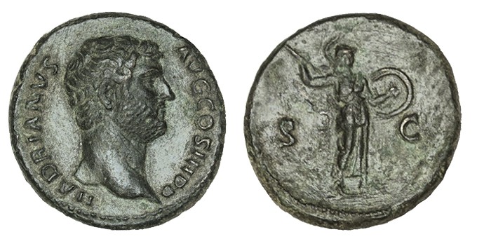 ADRIANO. As. R/ Palas a dcha. con escudo y lanza. Ly.: SC. HC-1360, SM no cita. ...
