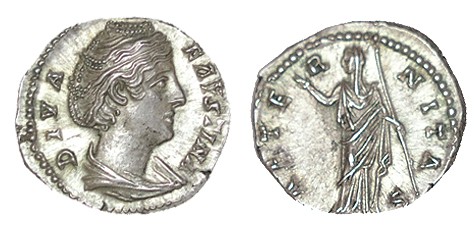 FAUSTINA I. Denario. R/ Aeternitas a izq. con largo cetro y mano dcha. levantada...