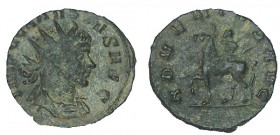 CLAUDIO II. Antoniniano. Roma. R/ Claudio II en caballo a izq. con cetro y levantando su mano dcha. Ly.: ADVENTVS AVG. SM-11314. 3,24 g, MBC+