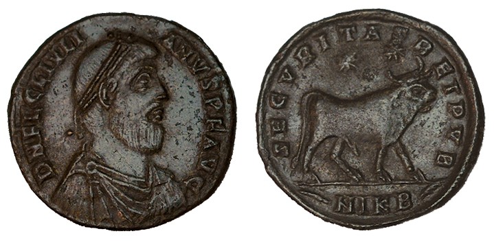 JULIANO II. Doble Maiorina. Nicomedia. R/ Toro parado a dcha; encima dos estrell...