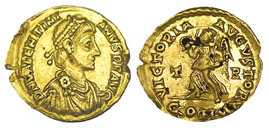 VALENTINIANO II. Triente. Tréveri. A/ Busto vestido y diademado de Valentiniano ...