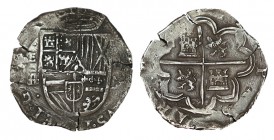 4 REALES. Segovia. (1596)-FE entrelazadas (Ioan de Arfe). Dígitos a dcha. del escudo no visibles. XC-364. 13,45 g. MUY RARA. (MBC-)