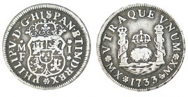 1 REAL. México 1733-MF. Marca de ceca M.X. XC-1591. 3,23 g. MUY RARA. MBC