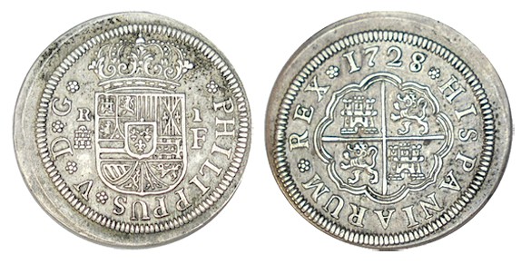 1 REAL. Segovia 1728/7-F. XC-1694 (Vte. por sobrefecha). 2,88 g. Flan grande. RA...