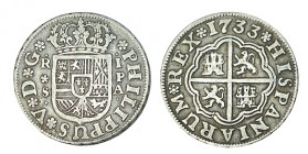 1 REAL. Sevilla. 1733-PA. P del ensayador con punto a izq. XC-1720 (Vte.) Los "3" de la fecha rectificados. 2,83 g. MBC+