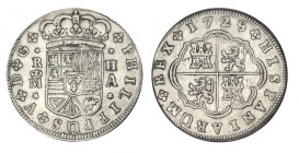 2 REALES. Madrid. 1725-A. 5 de la fecha girado 180º. Diferente corona. XC no cita. 5,47 g. MUY ESCASA. MBC+