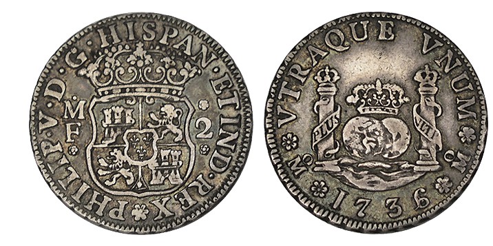2 REALES. México. 1736/3. XC no cita esta vte. 6,68 g. Bonita pát. RARA. MBC+