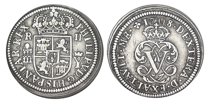 2 REALES. Segovia. 1708 - Y coronada. Palma dcha. sobre izq. XC- 1382. 5,60 g. M...