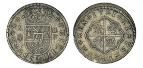 2 REALES. Segovia. 1721-F. Escudo redondo, puntos en acotaciones del anv. F mediana. XC no cita esta vte. 5,27 g. MBC