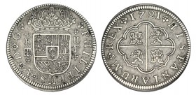 2 REALES. Segovia. 1721-F. Rosetas de cuatro pétalos en acotaciones de anv. Escudo puntiagudo. F mediana. XC-1401. 5,64 g. MBC+