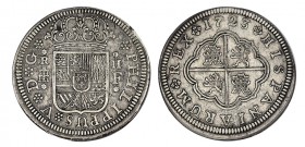 2 REALES. Segovia. 1723-F. Rosetas de seis pétalos en acotaciones del anv. Flan grande. XC-1404. 5,91 g. EBC-