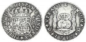 8 REALES. México. 1747-MF. XC-801. Rayita en rev. ESCASA. 26,89 g. MBC