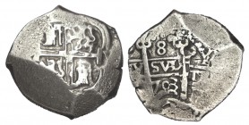 8 REALES. Potosí. 1703-Y. XC-863. 25,49 g. Ligera doble acuñación. (MBC)