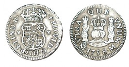 1/2 REAL. México. 1758-M. Corona Imperial y Real. XC-673. 1,56 g. MBC