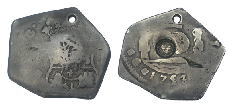 8 REALES. Guatemala. 1753 - (J). XC - 285. Agujero. En reverso, resello de sol s...