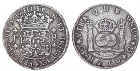 8 REALES. Guatemala. 1760-P. XC-295. Anv. Con roseta ligéramente retocada 6h, tal vez por agujero expertamente tapado. 27,12 g. MBC