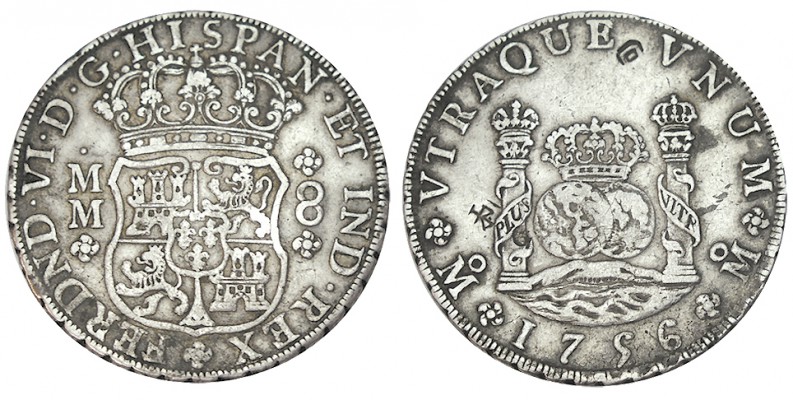 8 REALES. México. 1756-MM. XC-340 con 3 resellos chinos en rev. 26,80 g. MBC+