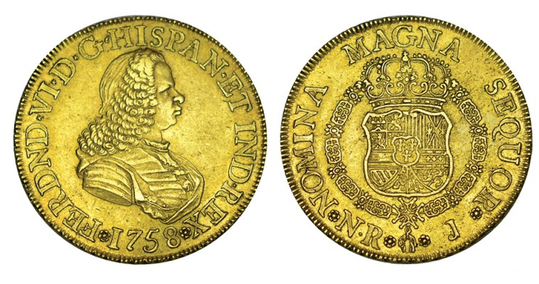 8 ESCUDOS. Nuevo Reino. 1758-J. XC-66, CO-638. 27,03 g. EBC-/EBC