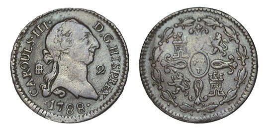2 MARAVEDÍS. Segovia. 1788. Leyenda: CAROULS !!!. XC no cita. 2,54 g. MUY RARA M...