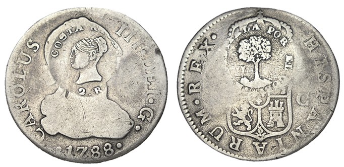 RESELLO 2 REALES. Costa Rica sobre 2 Rls Carlos III Sevilla 1788-C. 5,28 g. ESCA...