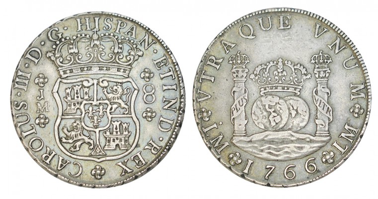 8 REALES. Lima. 1766-JM. Punto sobre primera marca de ceca. XC-842. 26,79 g. Pát...