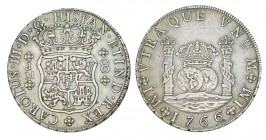8 REALES. Lima. 1766-JM. Punto sobre primera marca de ceca. XC-842. 26,79 g. Pát. de colección antigua. MBC+