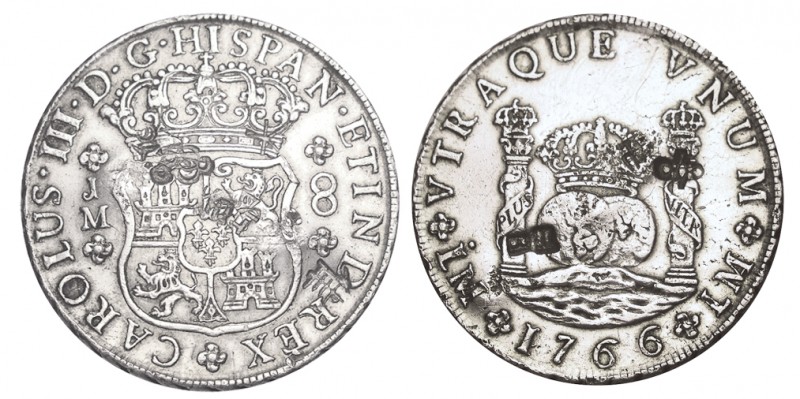 8 REALES. Lima. 1766-JM. XC-842 con resellos orientales. 27,05 g. (EBC-)