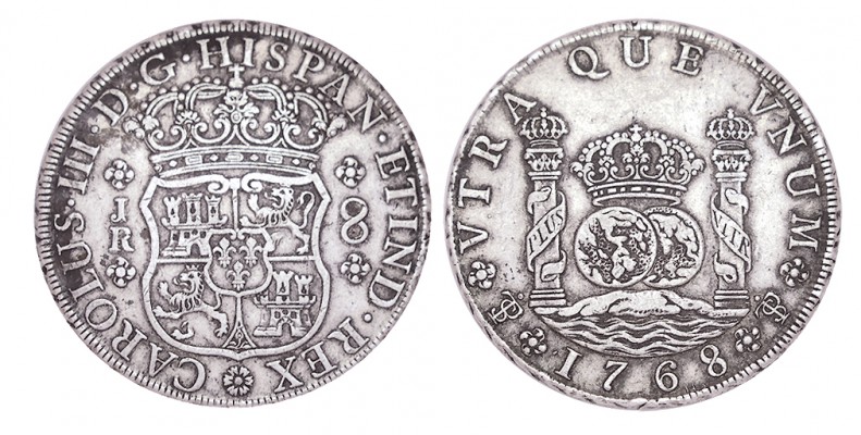 8 REALES. Potosí. 1768-JR. XC-967. Roseta de 6 pétalos en vez de 4 debajo del es...