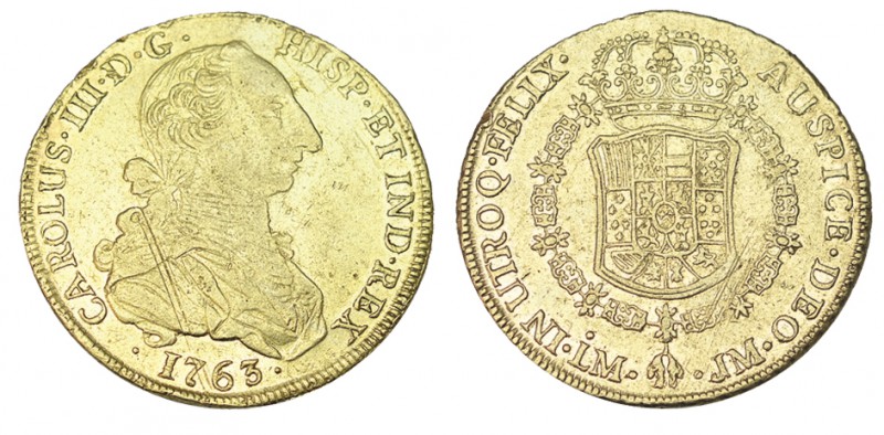 8 ESCUDOS. Lima. 1763-JM. Tipo "cara rata". Con punto encima de marca de ceca. X...
