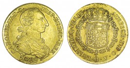 8 ESCUDOS. Nuevo Reino. 1769-V. Tipo "cara rata" XC-170, CO-860. 27,05 g. Dos ínfimos golpecitos en campo del anv. MUY RARA. EBC