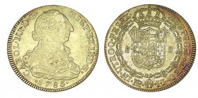 8 ESCUDOS. Nuevo Reino. 1785-JJ. XC-195, CO-889. Con punto entre los ensayadores. Bonito tono. 27,03 g. ESCASA. MBC+/EBC-