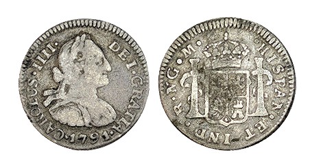 1/2 REAL. Guatemala 1791-M. Cabeza grande. XC-1225. 1,60 g. MUY ESCASA. MBC-