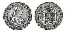 1/2 REAL. México 1799-FM. XC-1293. 1,70 g. Pát. antigua. EBC-/EBC