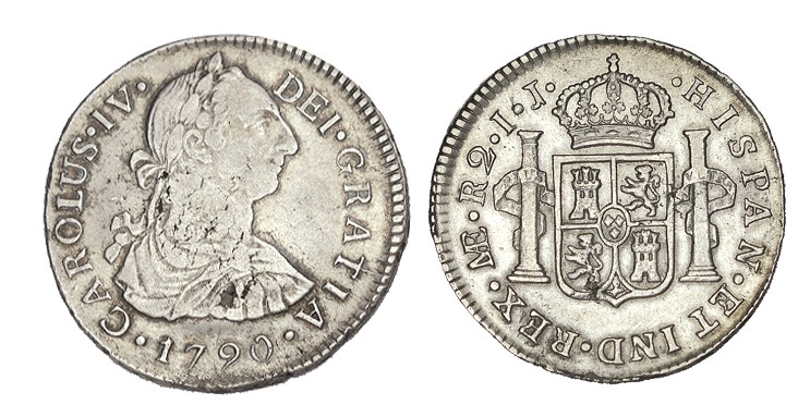2 REALES. Lima. 1790-IJ. Numeral del rey IV, valor R 2. XC-933. 6,61 g. Ligera p...