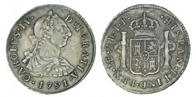 2 REALES. Lima. 1791-IJ. XC-934. 6,57 g. (Busto de Carlos III). Bonita pát. MBC