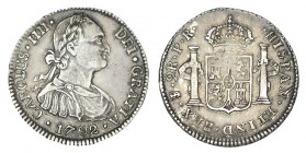 2 REALES. Potosí. 1792-PR. Cabeza grande. XC-1008. 6,73 g. ESCASA. Bonito color. MBC
