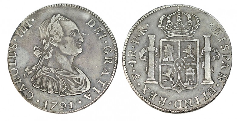 4 REALES. Potosí 1791-PR. XC-864. 13,41 g. Cabeza grande. Buen ejemplar para est...