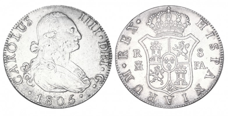 8 REALES. Madrid. 1805-FA. XC-676. 26,83 g Bonito tono. EBC/EBC+