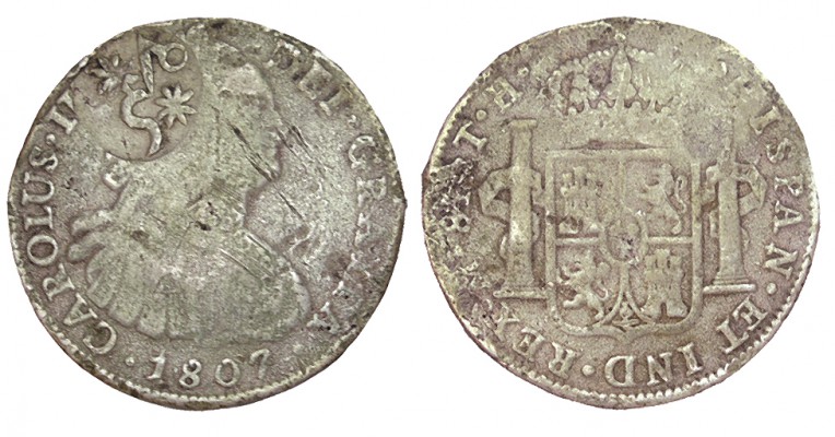 8 REALES. México. 1807 - TH. Hecha con plata de Ozumba, fundida con resello de M...