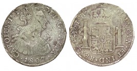 8 REALES. México. 1807 - TH. Hecha con plata de Ozumba, fundida con resello de Morelos. 23,87 g. W/KM-265.1. MBC-