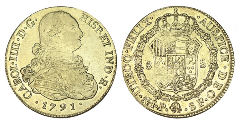 8 ESCUDOS. Popayán 1791-SF. XC-69, CO-1051. 27,00 g. ESCASA. EBC