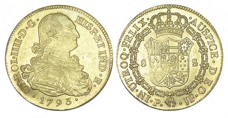 8 ESCUDOS. Popayán 1793 - JF. XC-71, CO- 1.054. 27,07 g. Fecha escasa y más en e...