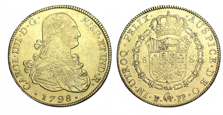 8 ESCUDOS. Potosí. 1798-PP. XC-128, CO-1097. 26,95 g. MBC+