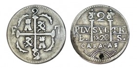 2 REALES. Caracas 1820-BS. Castillos y leones. "1" de la fecha invert. Golpe de punzón en anv (6h), sin adornos en rev. XC-847 (Vte.). 5,16 g. RARA. M...